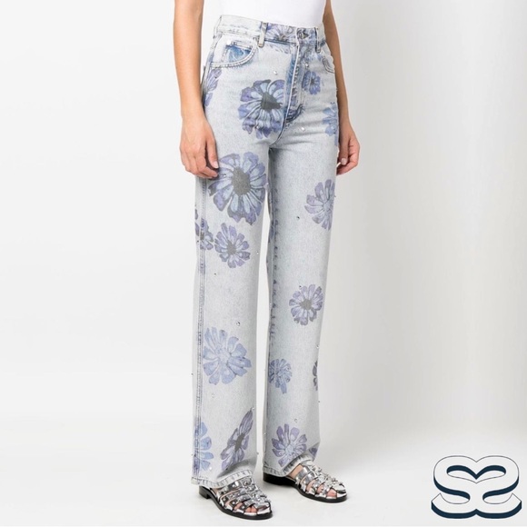 Sandro **NWT** Blossom Floral Print Rhinestone Straight Jeans in Blue Jean - Picture 8 of 16